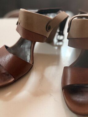 NOW Italian Artisan Leather & Wood Strappy Block Heel Sandals | Good Condition